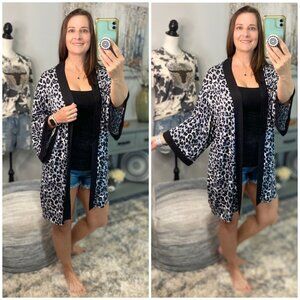 ❤️‍🔥Leopard Contrast Trim Long Open Kimono Cardigan Pocket 3/4 Sleeve Gray 1022